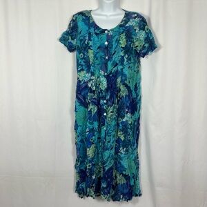 LA CERA Vintage floral rayon button front short sleeve dress pockets L